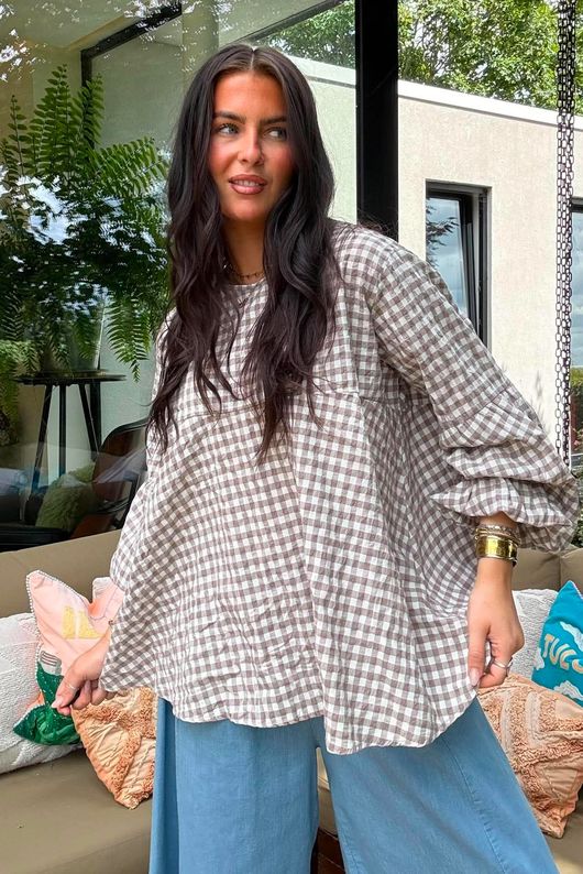 Nonni Gingham Bell Sleeve Peasant Blouse Earth